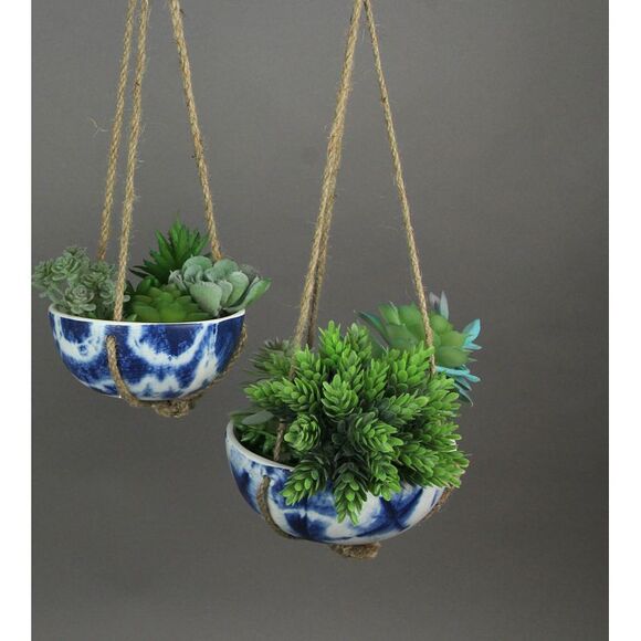 Set of 2 Blue and White Shibori Style Dyed Ceramic Hanging Mini Planters - Picture 2 of 4